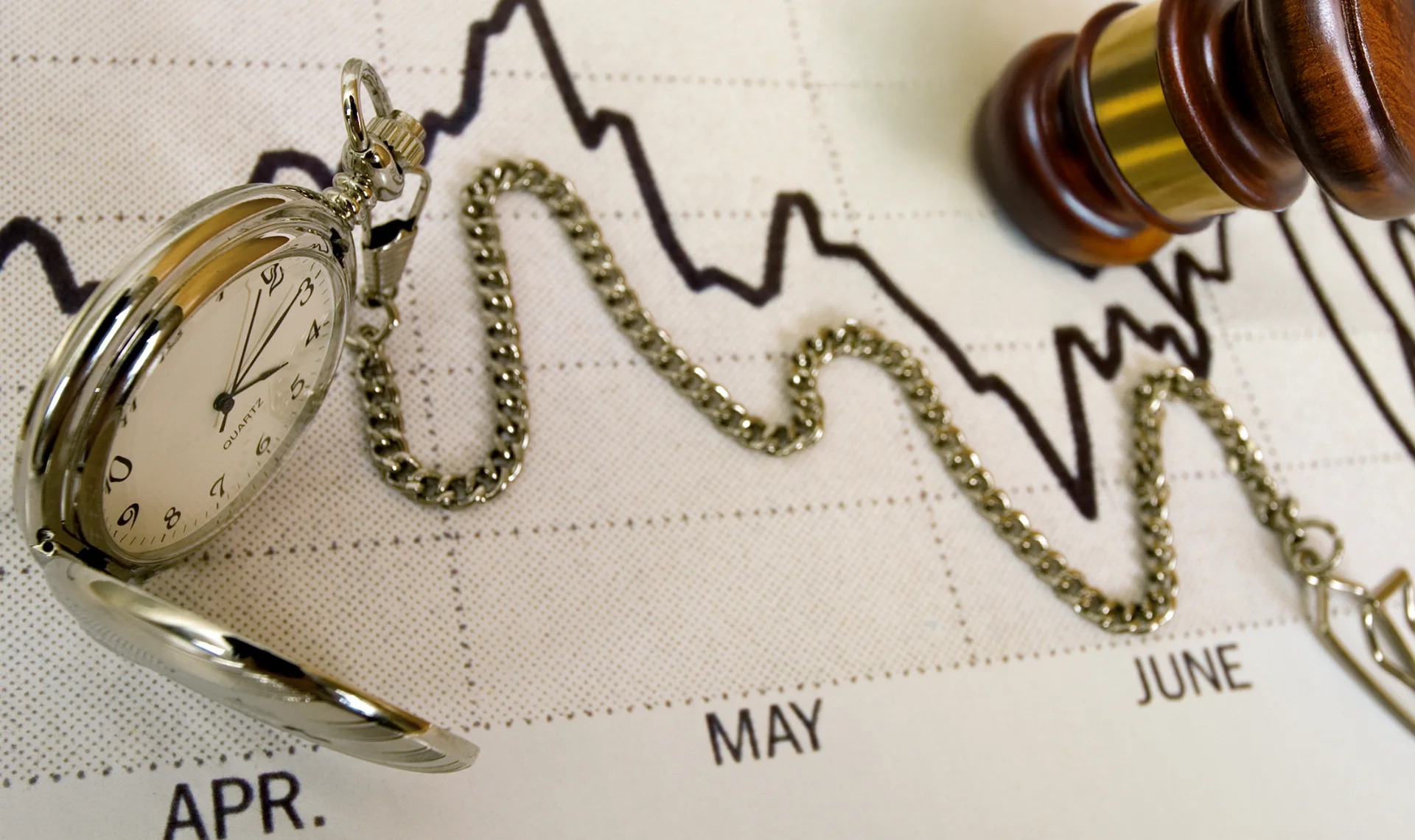 Pocket watch and gavel over a financial chart illustrating a personal injury case timeline