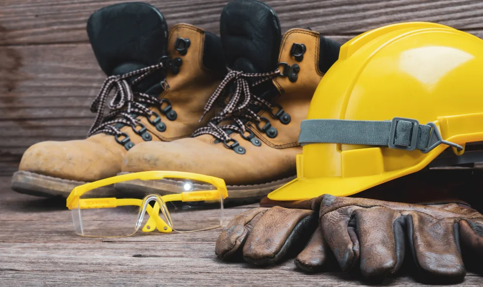 A pair of worn work boots, a yellow hard hat, safety goggles, and leather gloves on a wooden surface, representing personal protective equipment (PPE) used to prevent workplace injuries.