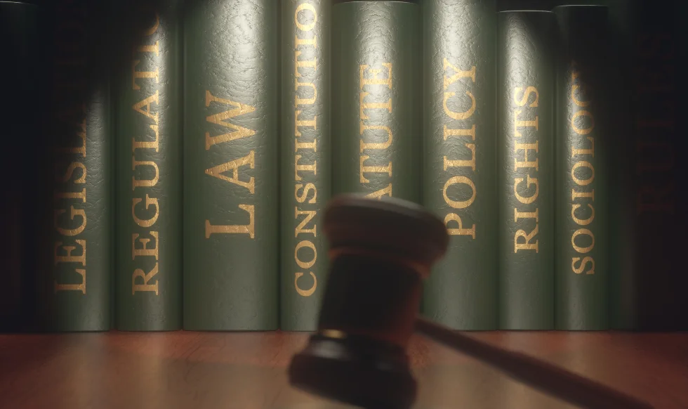 A row of green legal books with gold embossed titles like “Law,” “Constitution,” “Policy,” and “Rights,” with a judge’s gavel in the foreground.