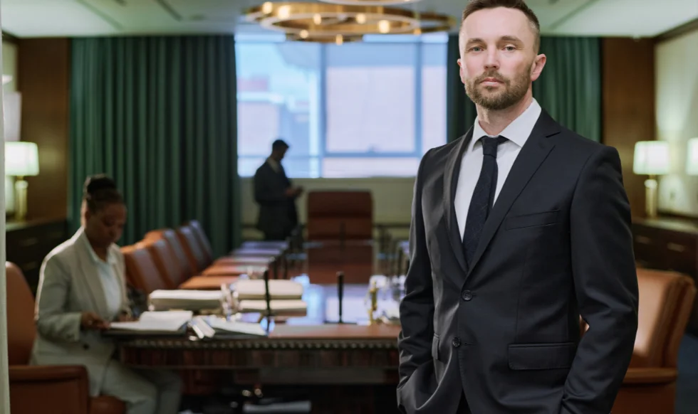 A confident male lawyer in a sharp black suit stands in a boardroom, with two colleagues reviewing legal documents in the background. The setting reflects a high-stakes legal environment.